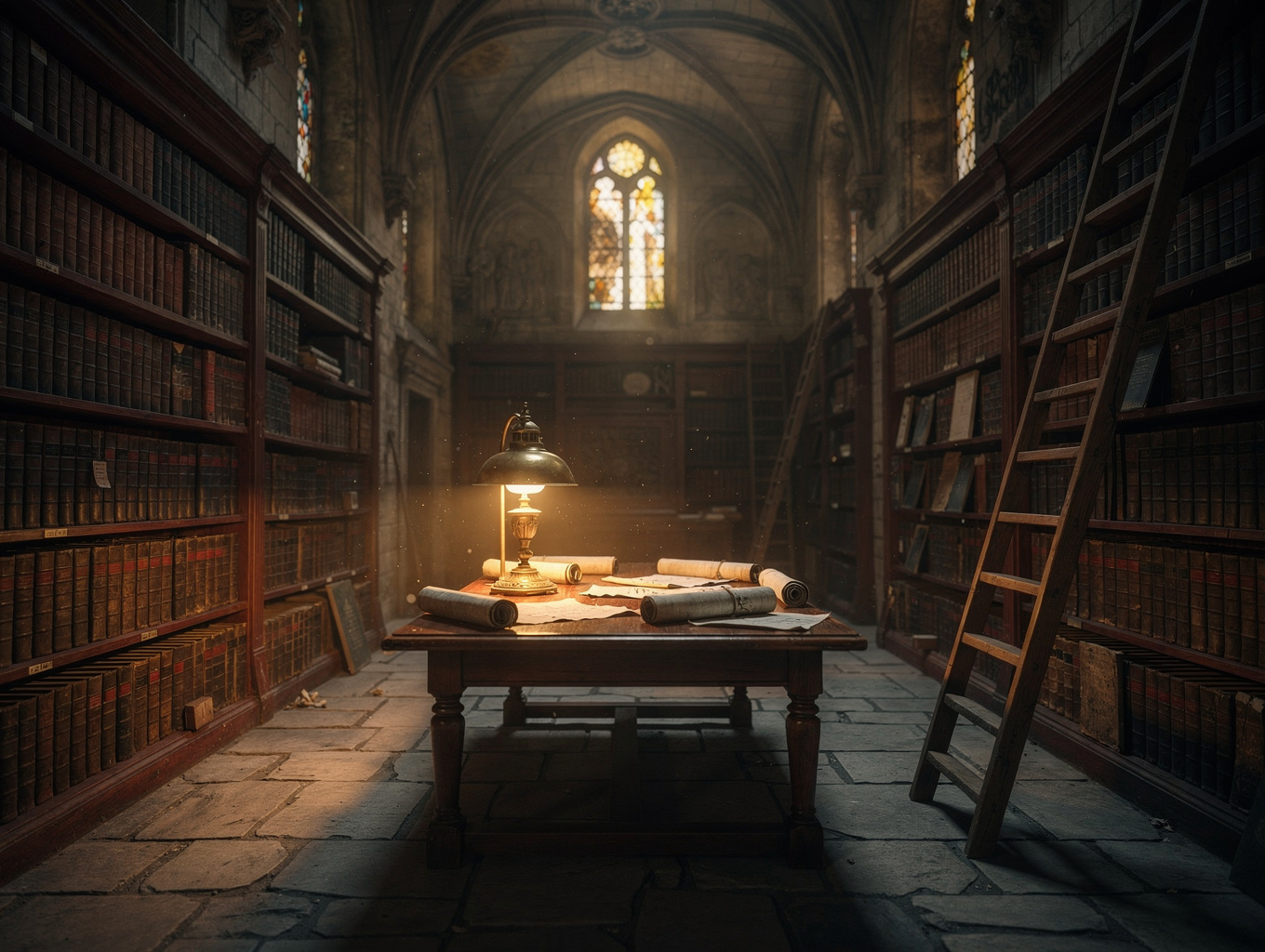 Interior da biblioteca histórica da Edições Hórus